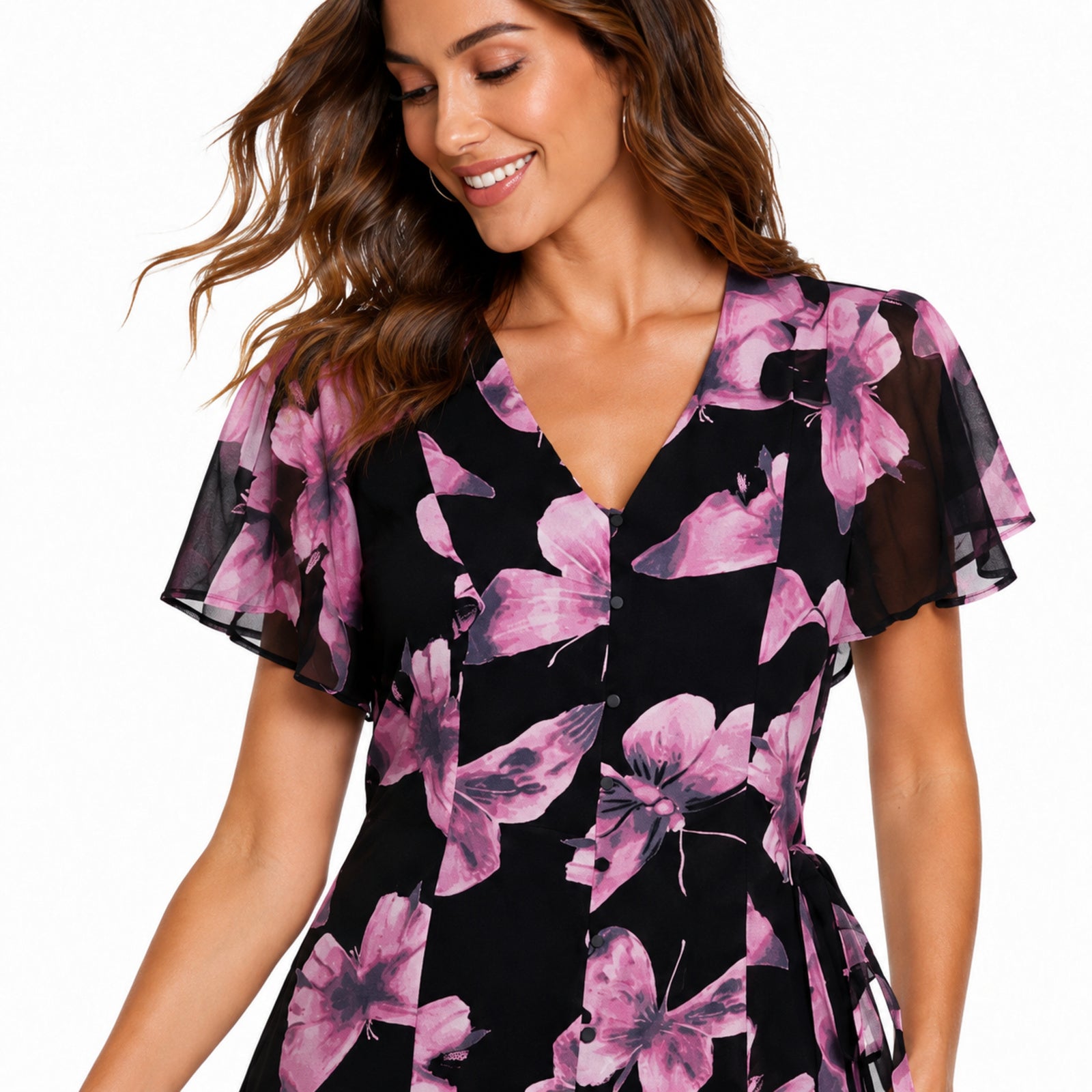 Women's Wine Floral Print V-Neck Fit & Flare Midi Dress-3