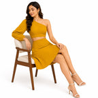 Women's Yellow One Shoulder Long Sleeve Co-Ord Set-2