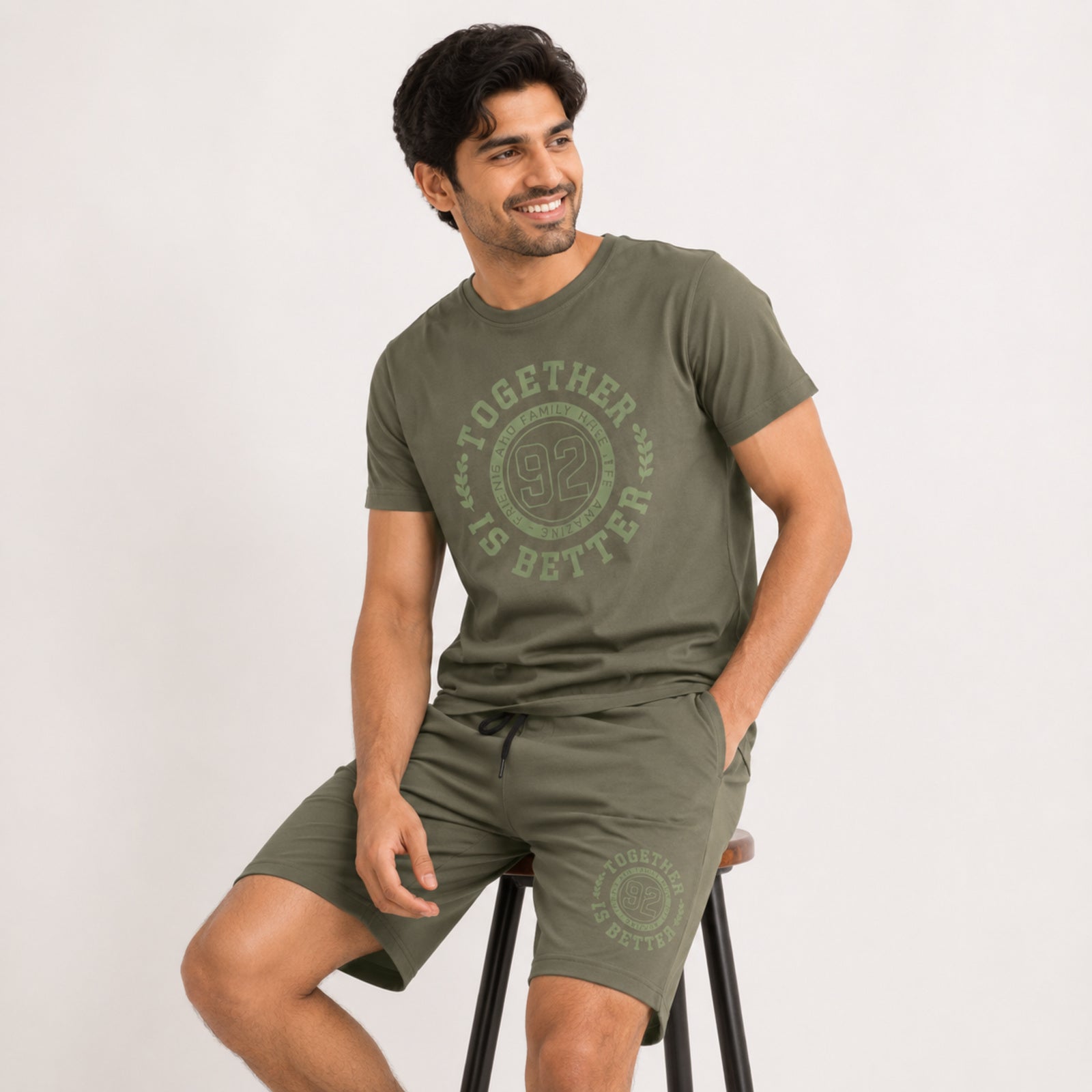 Men's Light Green Typography Varsity Print Performance T-Shirt and Shorts Co-ord Set-3