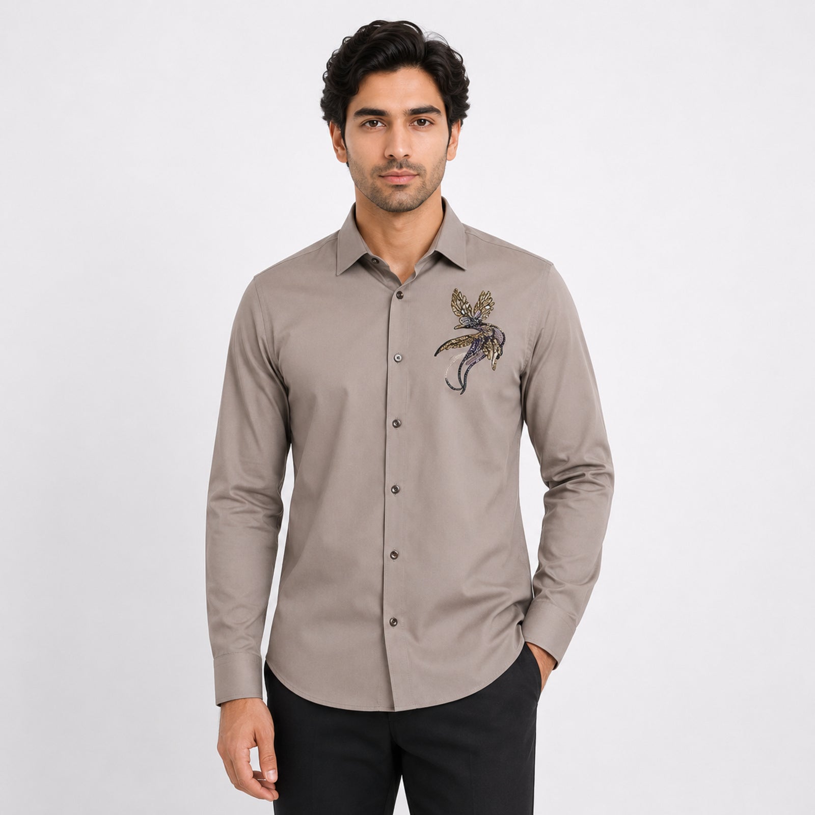 Men's Elegant Beige Embroidered Formal Shirt with Premium Artistic Motif-1