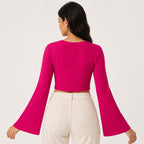Women's Hot Pink Bell Sleeve Crop Top-4