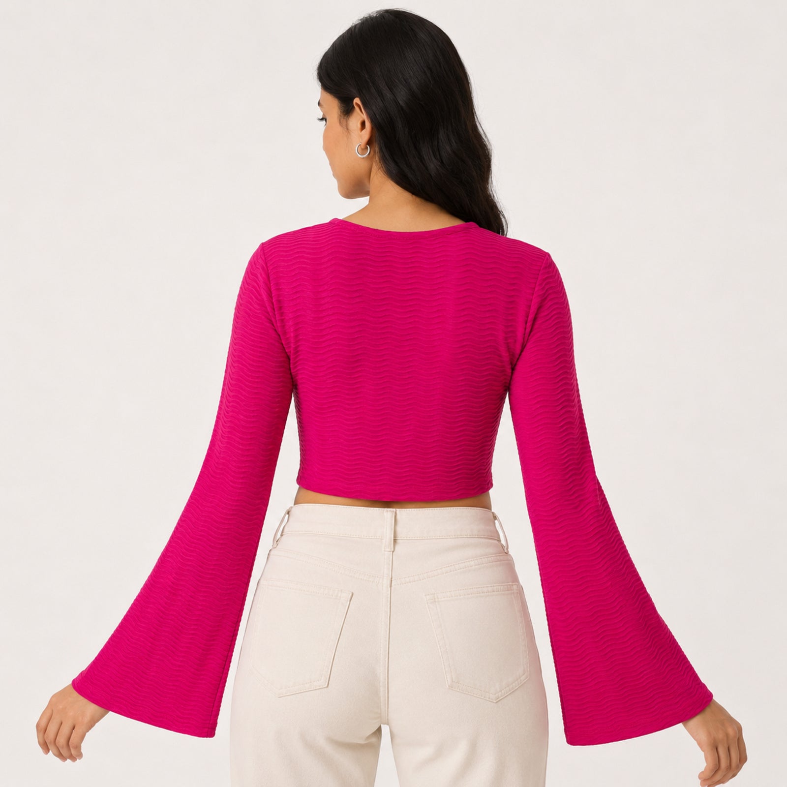 Women's Hot Pink Bell Sleeve Crop Top-4