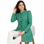 Women’s Turquoise Floral Printed Jacket – Full Sleeve Longline Ethnic Jacket with Button-Front Design-3