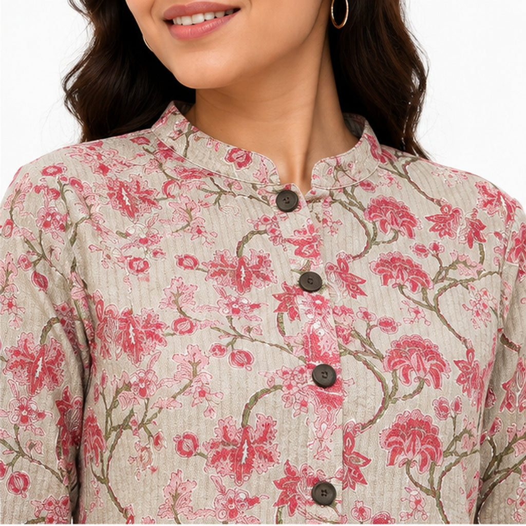 Women’s Beige & Pink Floral Printed Jacket – Full Sleeve Button-Front Jacket with Mandarin Collar-2