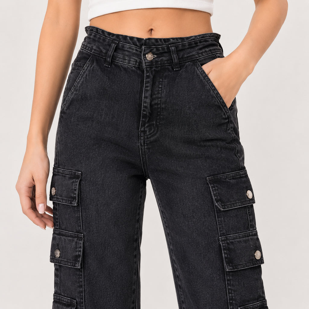 Women's Dark Grey Cargo Fit Denim Jeans-2