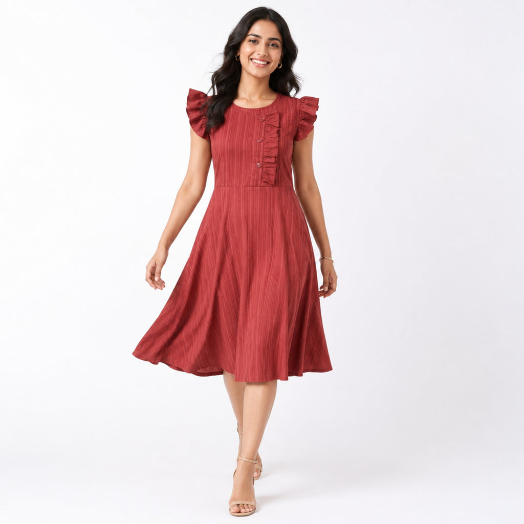Women's Red Pintuck Ruffle Sleeve Fit and Flare Midi Dress | Button Detail Casual Day Dress-1
