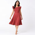 Women's Red Pintuck Ruffle Sleeve Fit and Flare Midi Dress | Button Detail Casual Day Dress-1