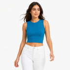 Women's Teal Sleeveless Round Neck Crop Top | Solid Fitted Casual Knit Top-1