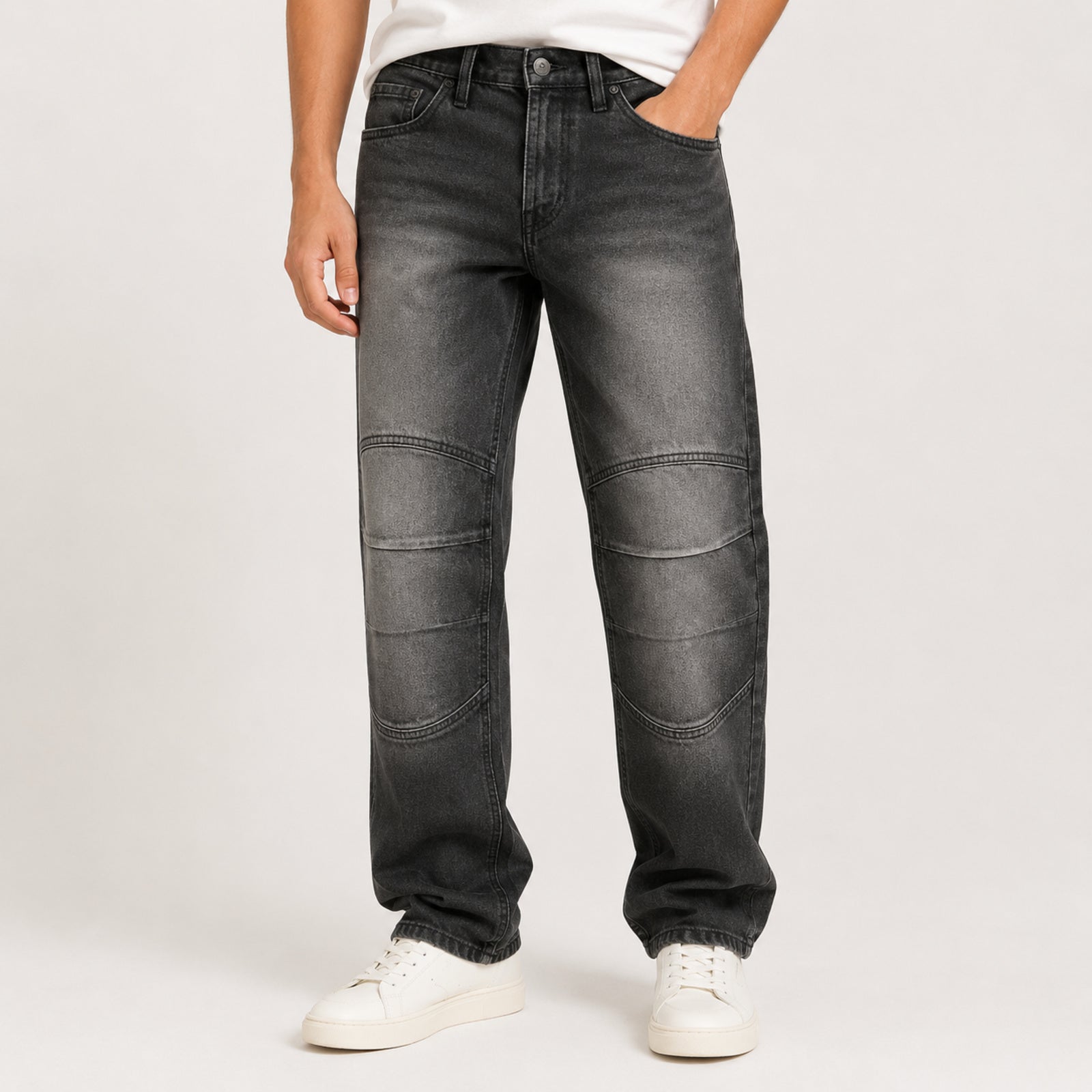 Men's Black Washed Panel Detail Straight Fit Denim Jeans-4