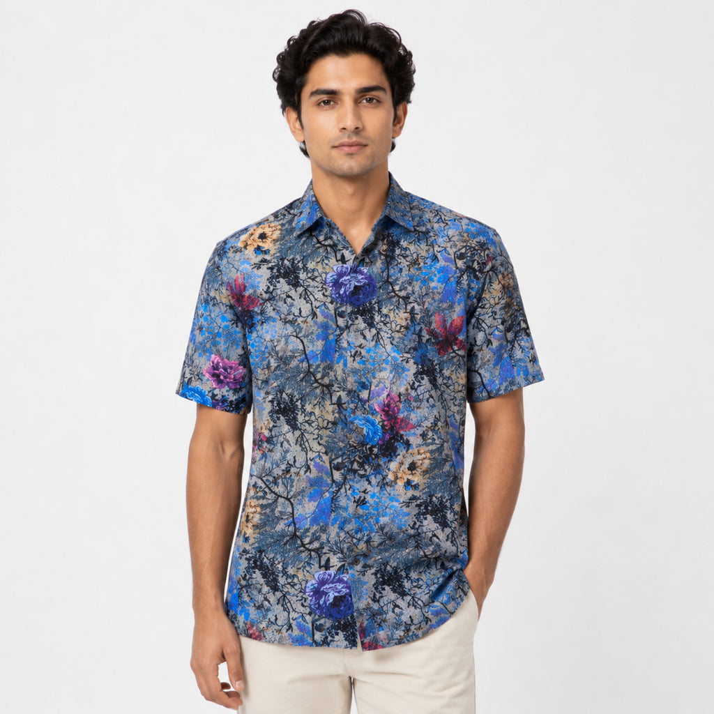 Men's Navy Blue Floral Print Half Sleeve Casual Shirt-1