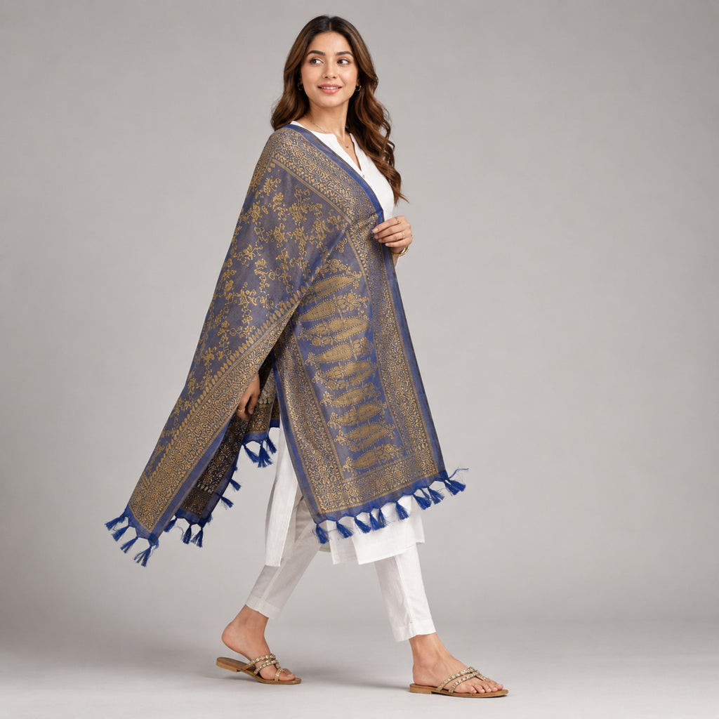 Women's Royal Blue & Gold Woven Ethnic Dupatta-3