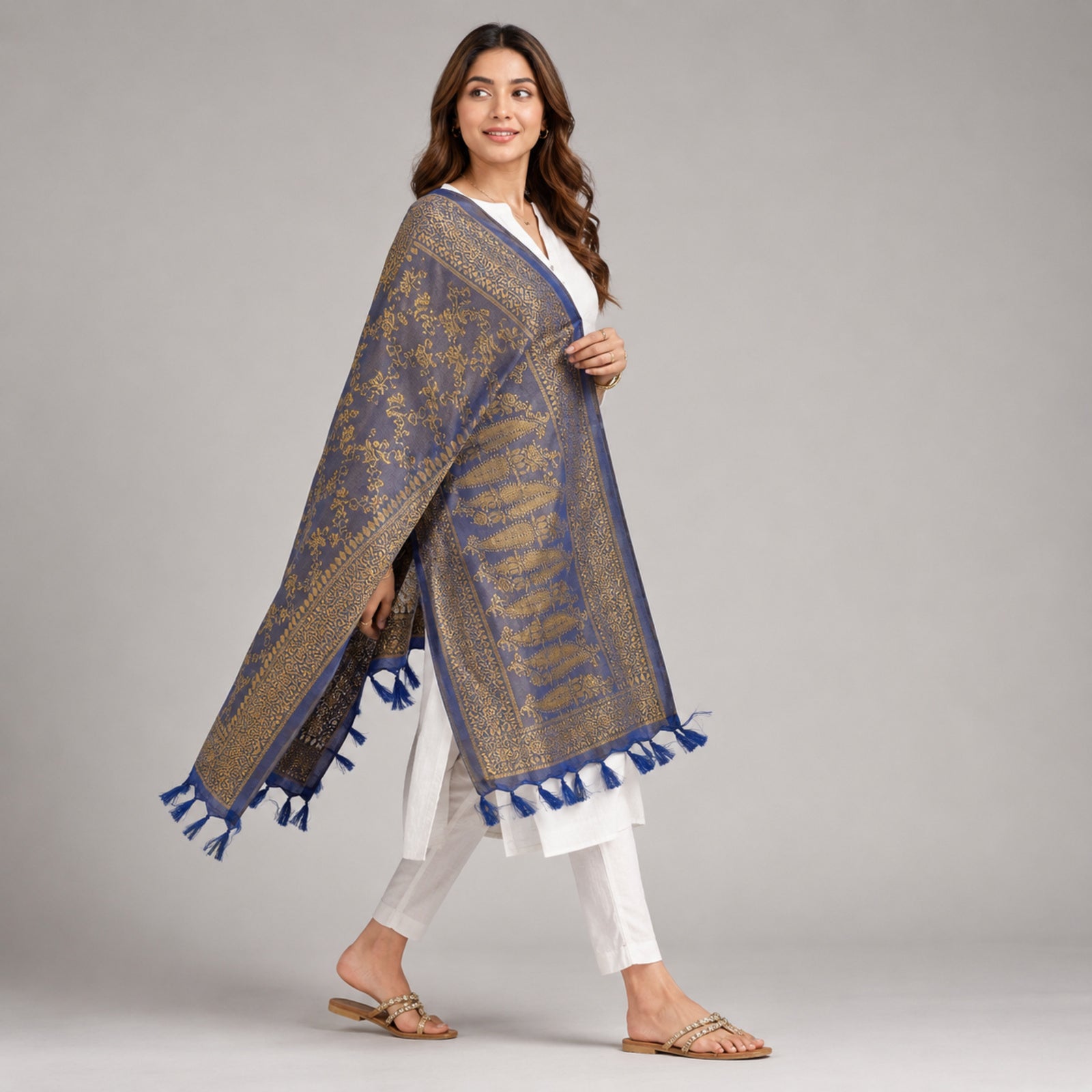 Women's Royal Blue & Gold Woven Ethnic Dupatta-3
