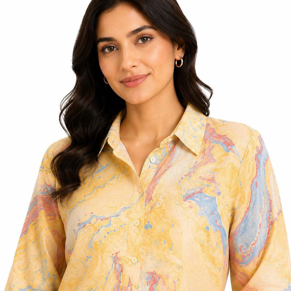 Women's Yellow Marble Print Collared Shirt and Wide-Leg Pyjama Co-Ord Set | Relaxed Lounge Set-2