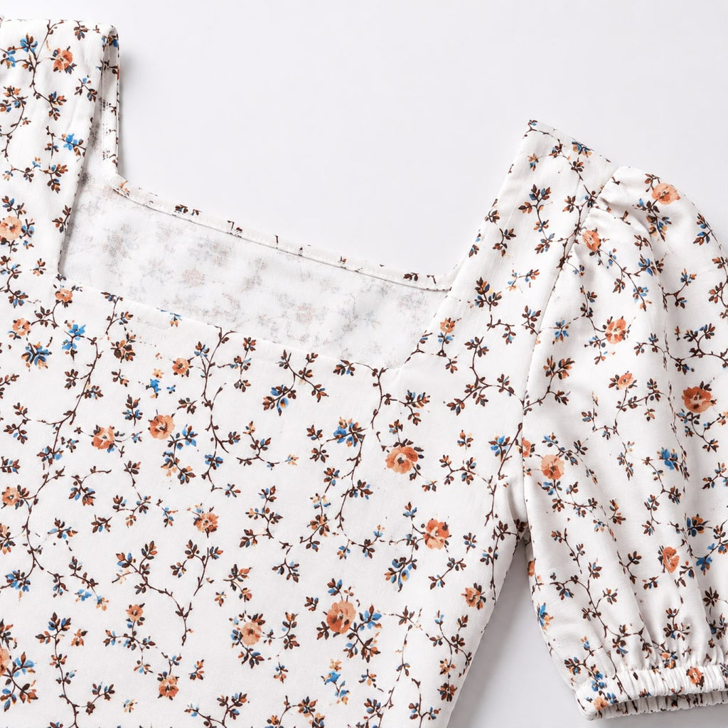 Women's Cream Floral Print Puff Sleeve Crop Top-3