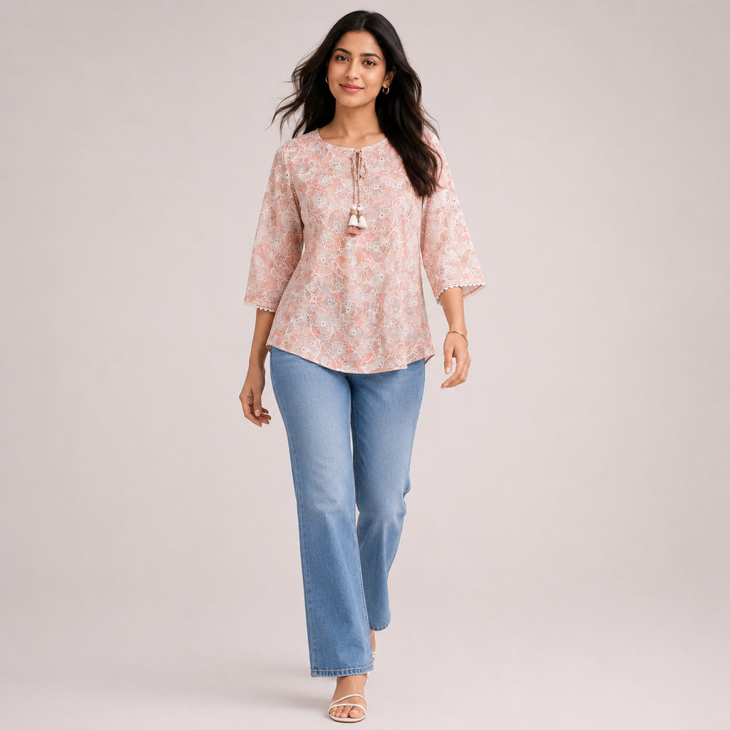 Women's Peach Floral Lace Top | Elegant Semi-Sheer Casual Party Wear Top for Women-3