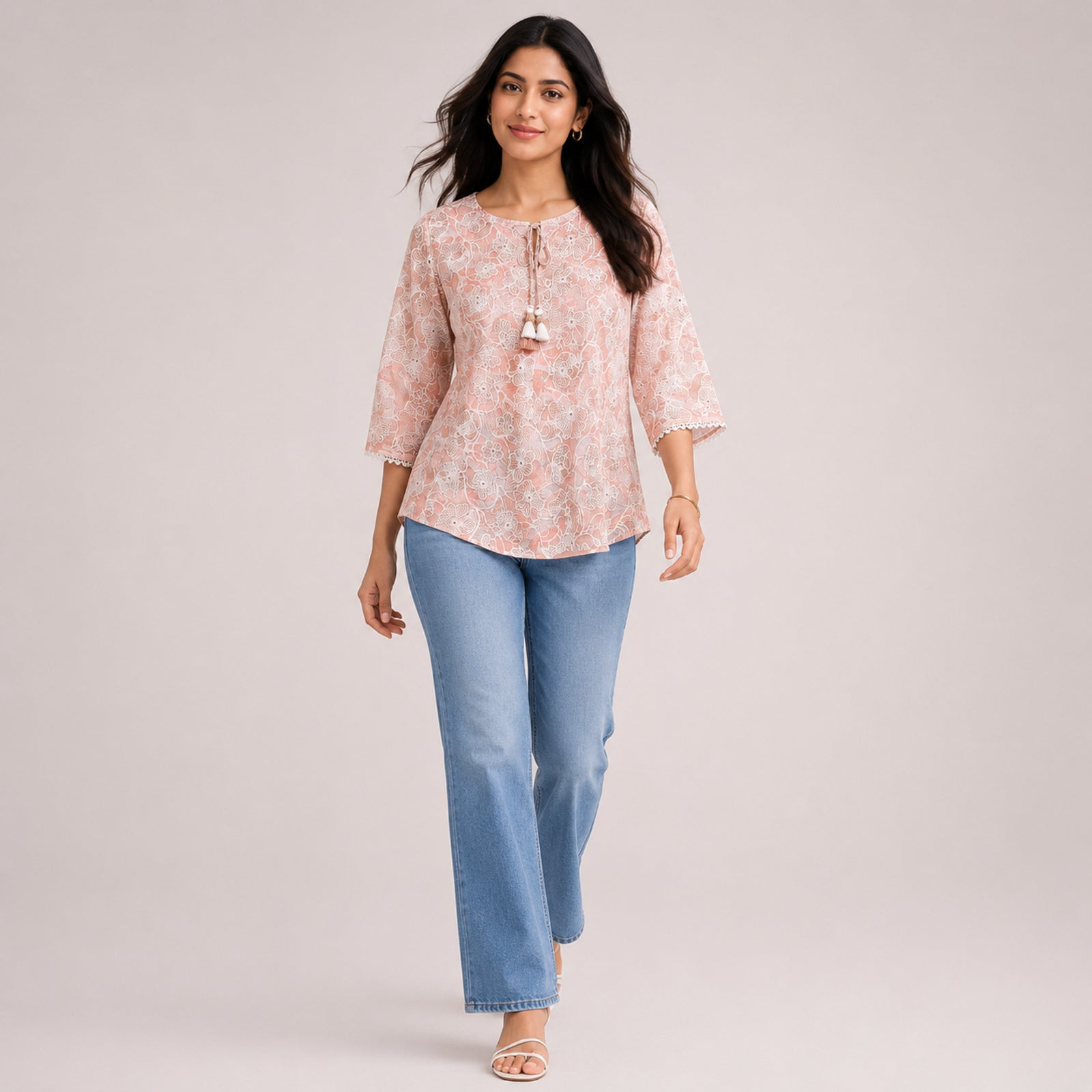 Women's Peach Floral Lace Top | Elegant Semi-Sheer Casual Party Wear Top for Women-3