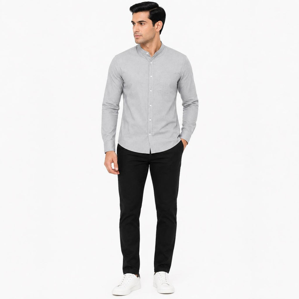 Men's Grey Mandarin Collar Full Sleeve Shirt | Minimal Smart Casual Shirt-3