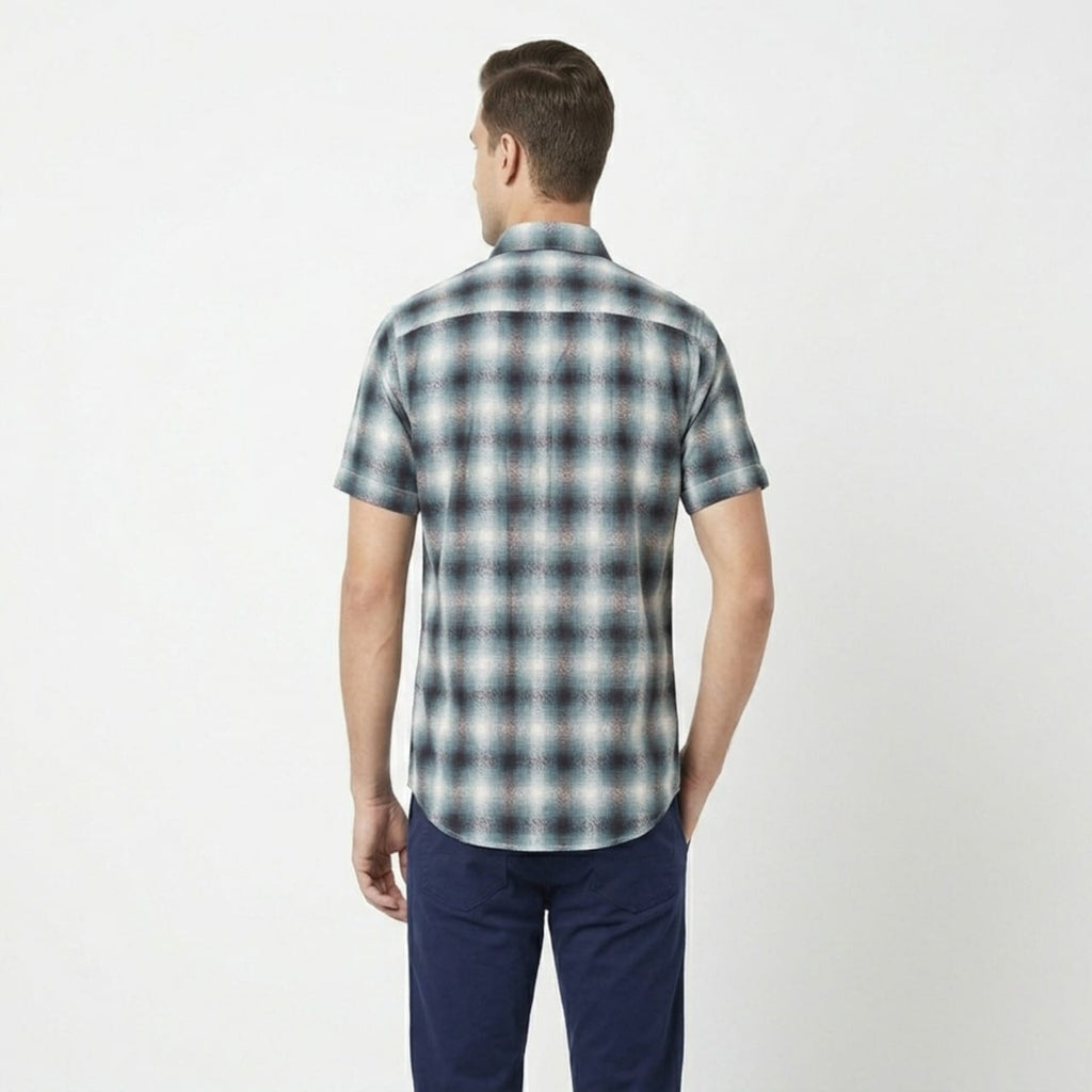 Men's Blue Checked Casual Half Sleeve Shirt-3
