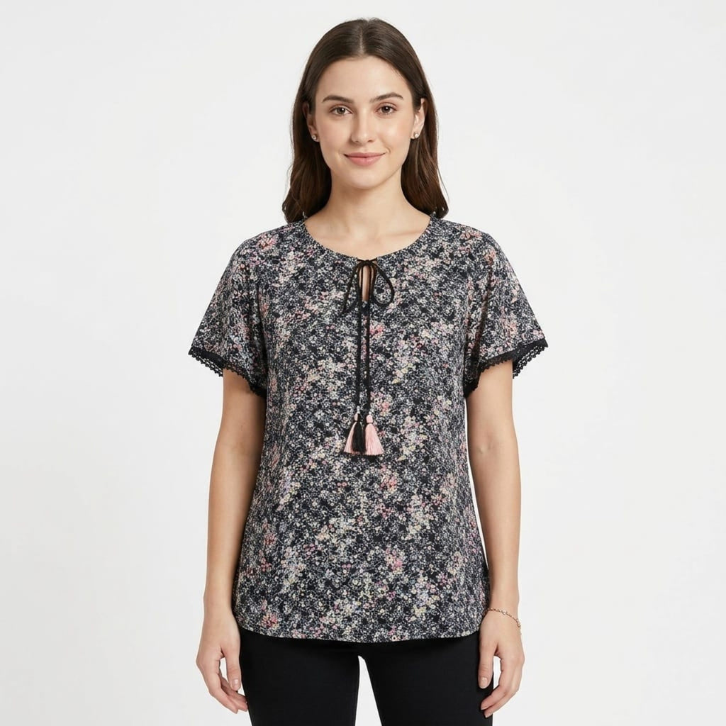 Women's Black Floral Print Tassel Detail Top-1