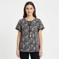 Women's Black Floral Print Tassel Detail Top-1