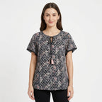 Women's Black Floral Print Tassel Detail Top-1