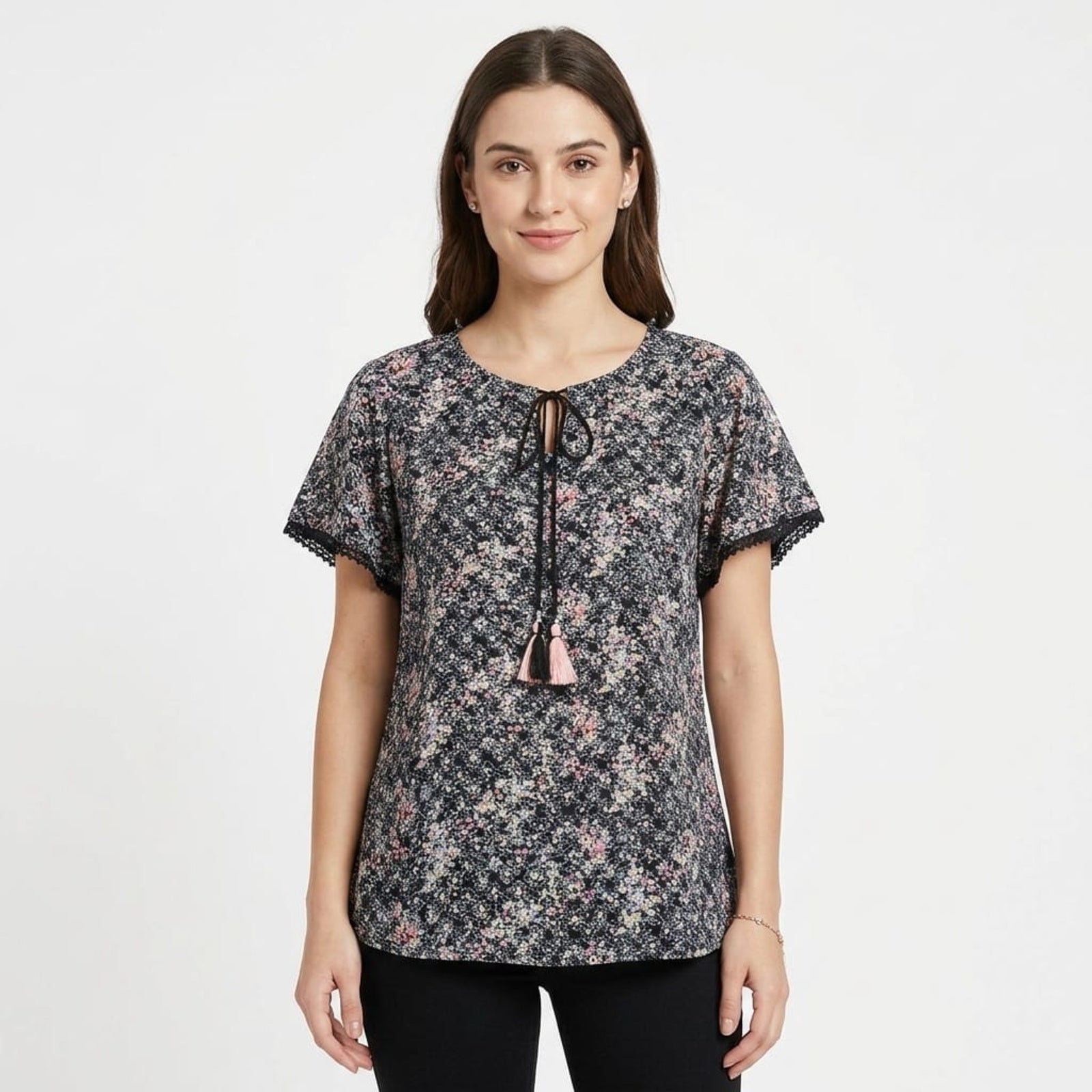 Women's Black Floral Print Tassel Detail Top-1