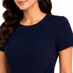 Women's Royal Navy Blue Tailored Sheath Dress with Elegant Feather Motif Embellishments-3
