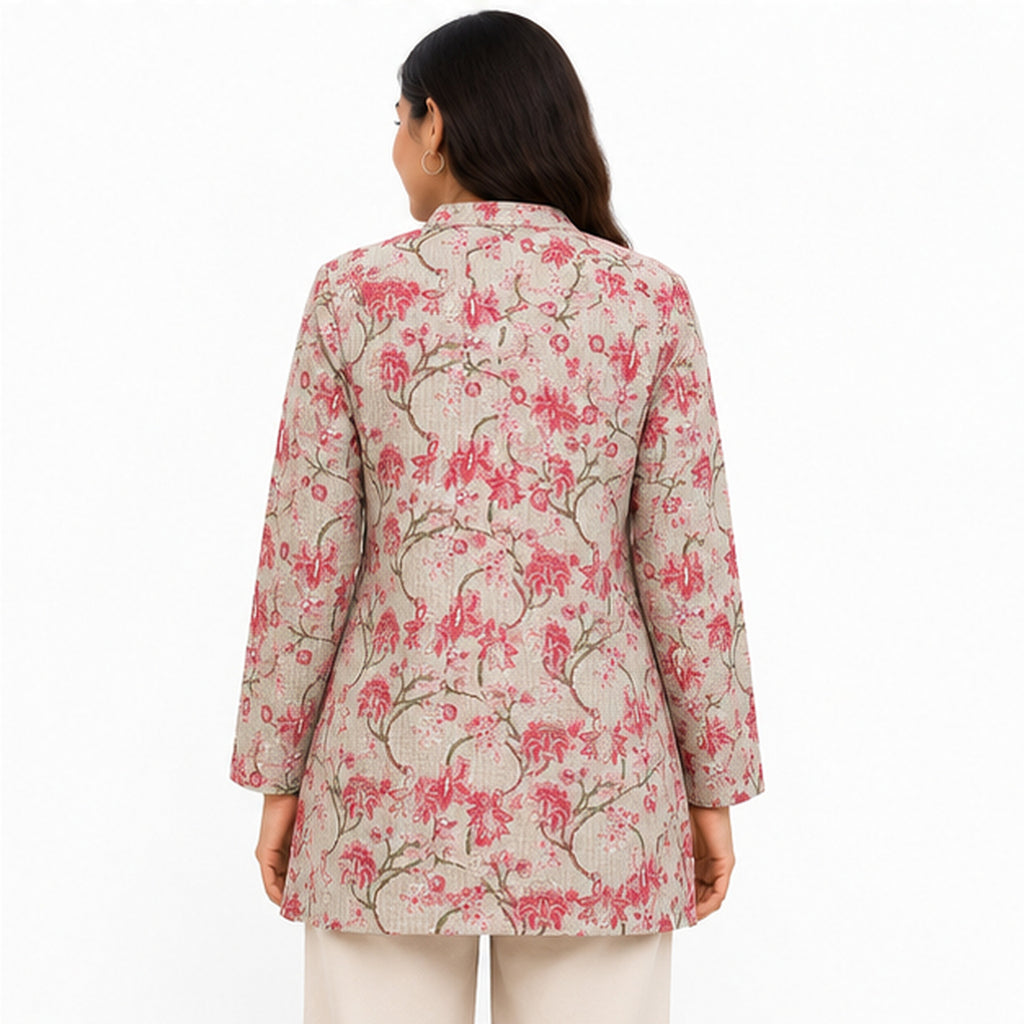 Women’s Beige & Pink Floral Printed Jacket – Full Sleeve Button-Front Jacket with Mandarin Collar-4