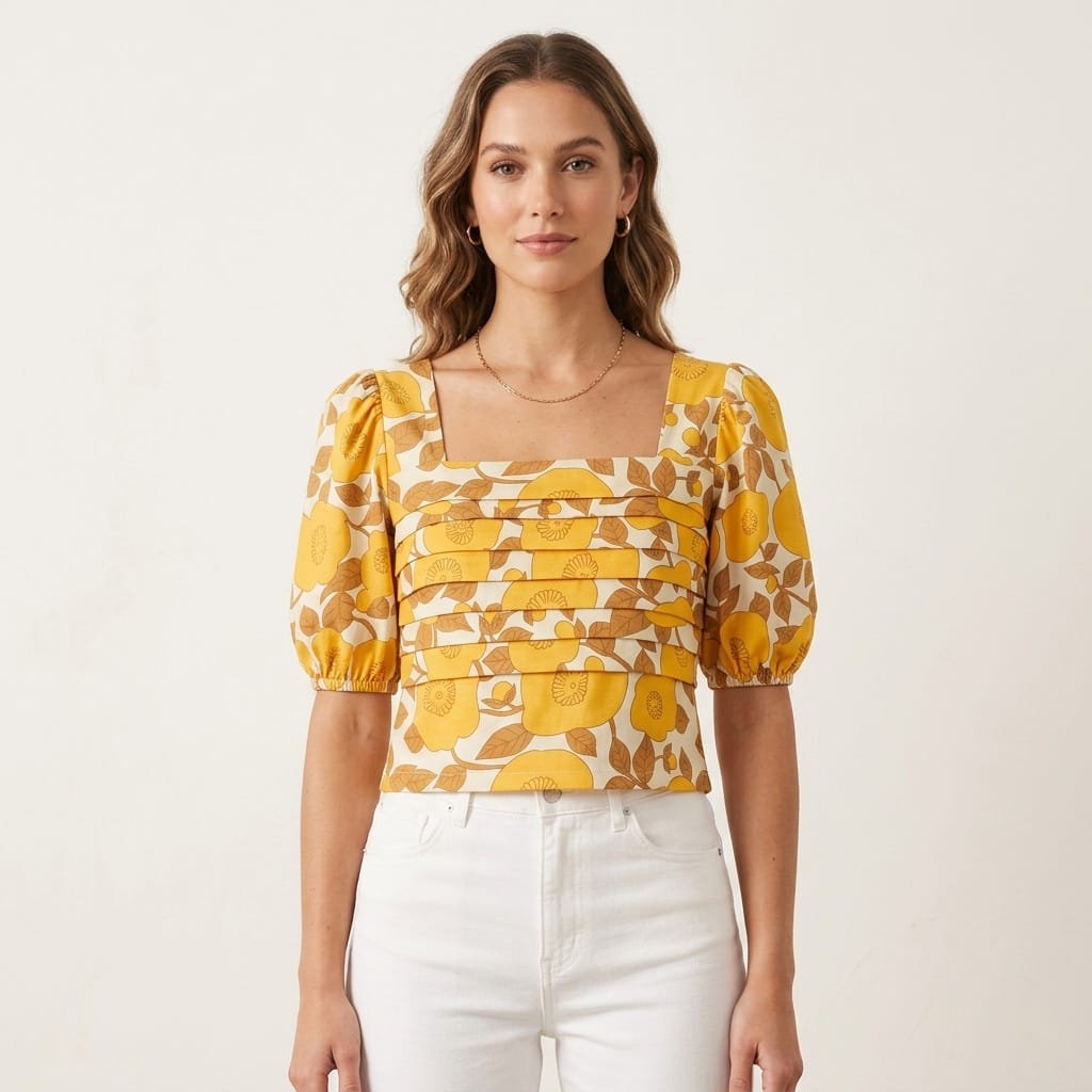 Women's Yellow Floral Printed Puff Sleeve Crop Top-3