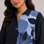 Women's Navy Blue Abstract Leaf Print Tunic Top | Elegant Collared Three-Quarter Sleeve Casual Office Wear Top-2