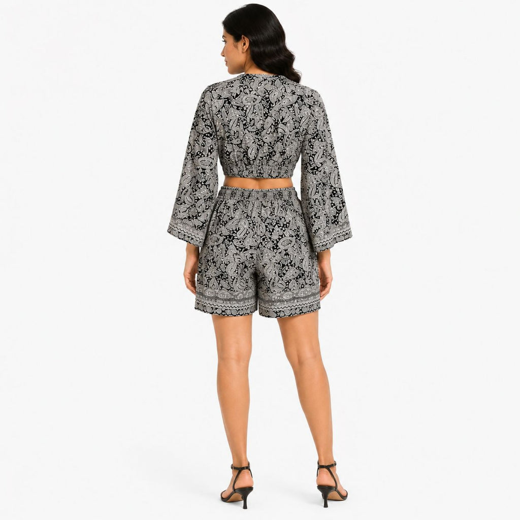 Women's Black Printed Cut-Out Co-Ord Shorts Set-4