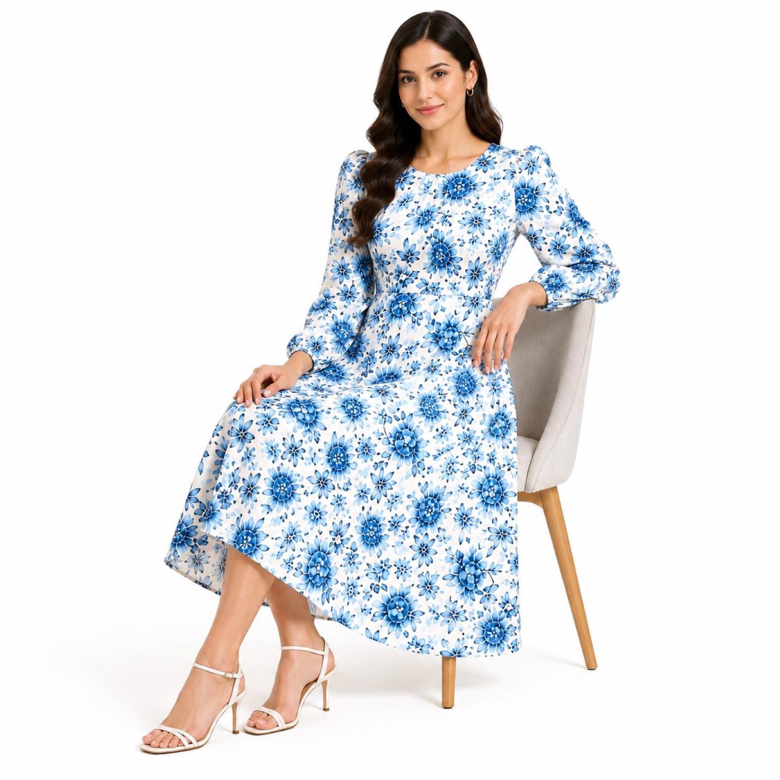 Women's Blue Floral Printed Midi Dress with Round Neck & Full Sleeves-2