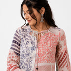 Women's Peach Patchwork Print Tie-Neck Cropped Casual Top-2