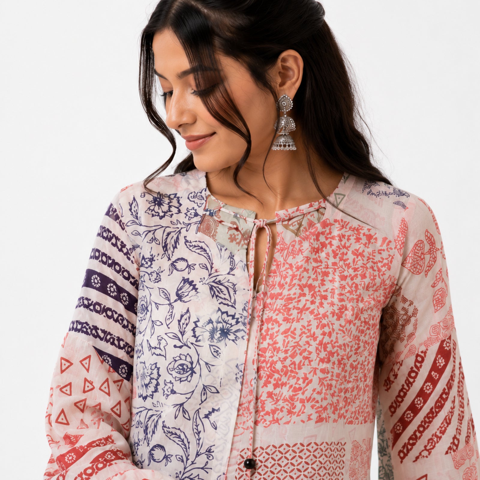 Women's Peach Patchwork Print Tie-Neck Cropped Casual Top-2