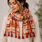 Women's Rust Orange Checkered Tassel Scarf-4