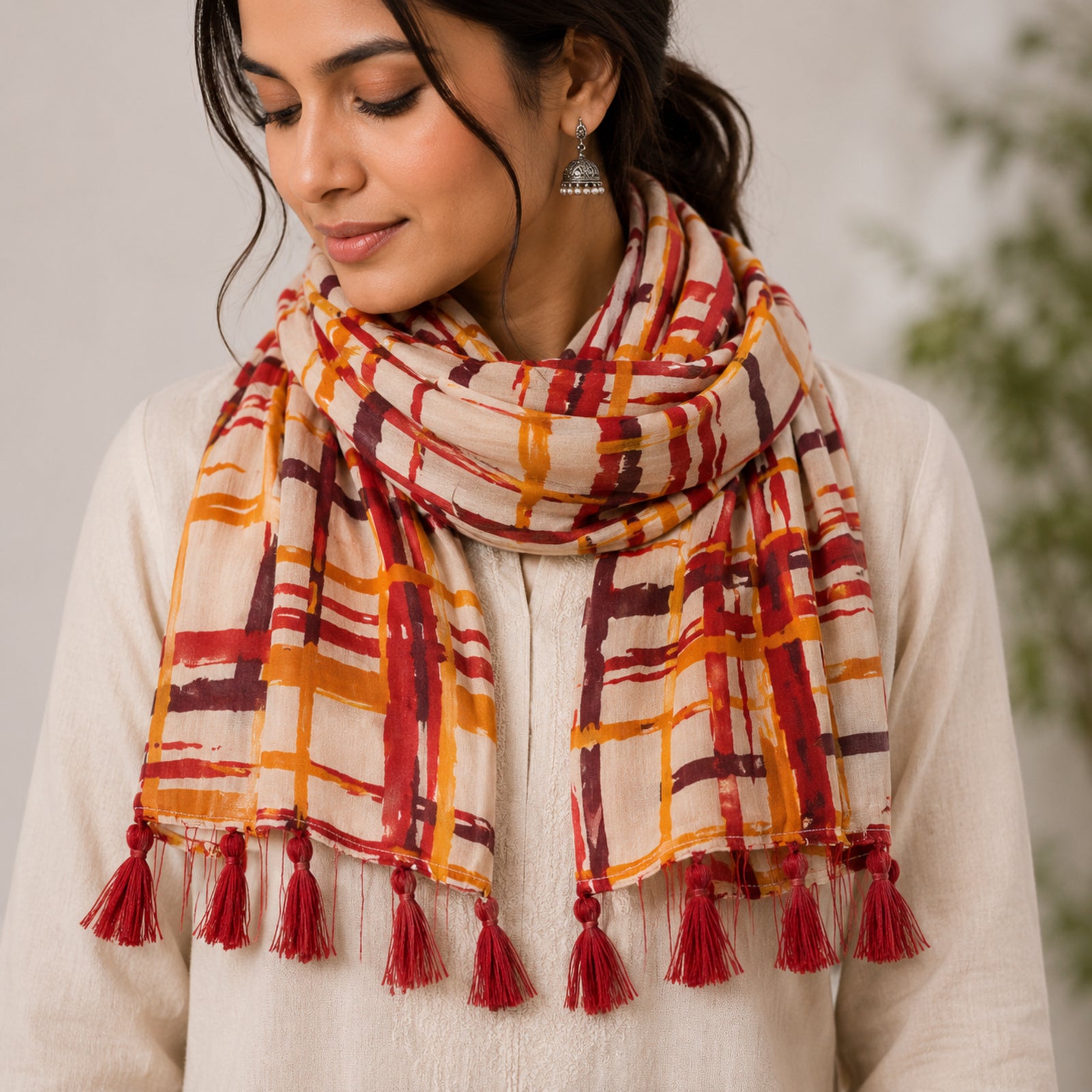 Women's Rust Orange Checkered Tassel Scarf-4