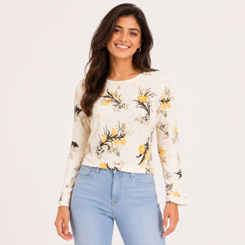 Women's Beige Floral Printed Full Sleeve Top-1