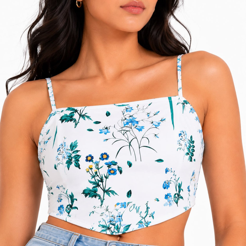 Women's Green Botanical Print Strappy Crop Top-4