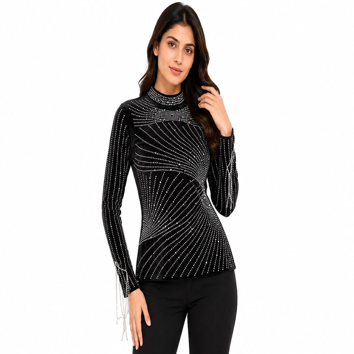 Women's Black Embellished Mock Neck Full Sleeve Fitted Top-1