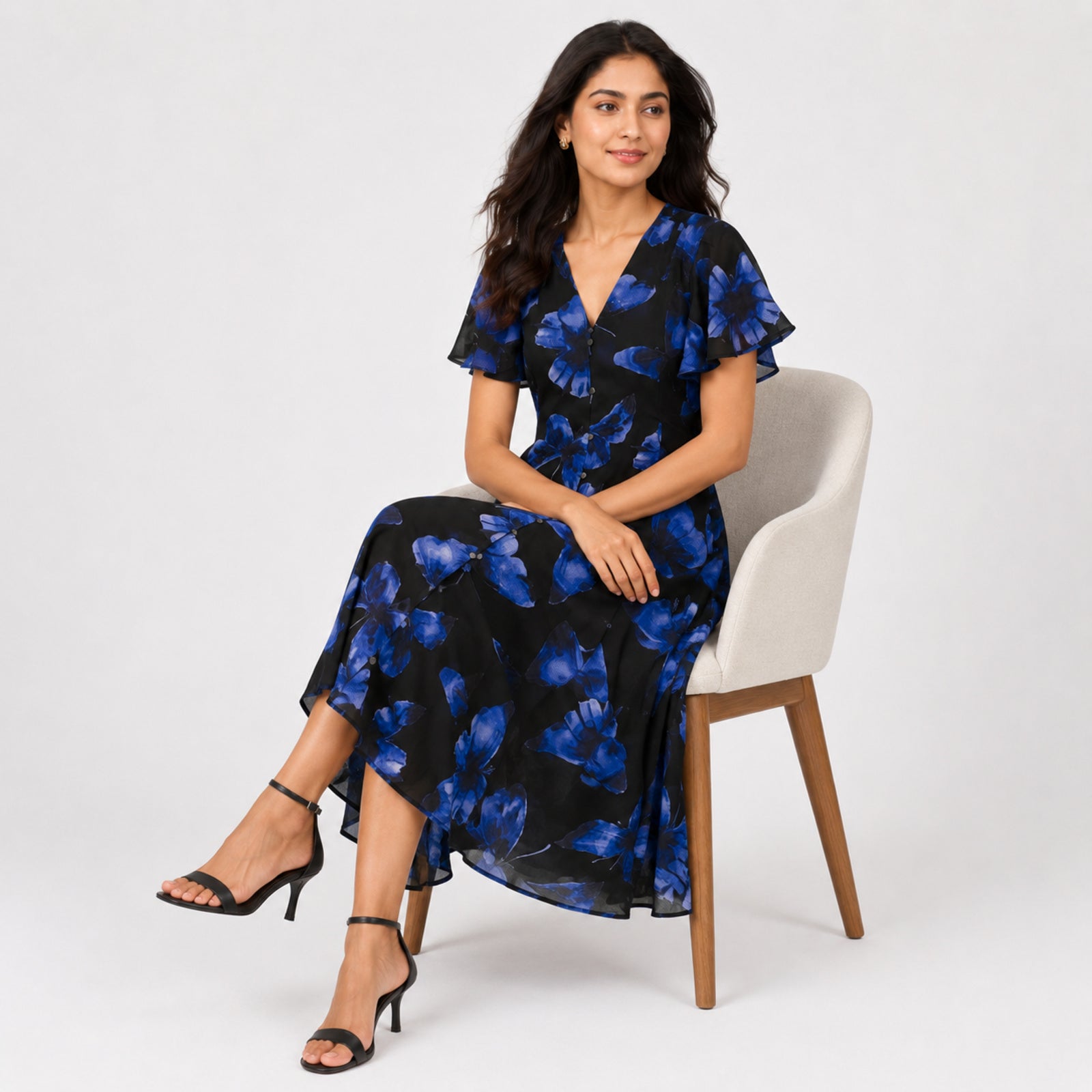 Women's Blue Floral Button-Front Midi Dress with Flutter Sleeves-2