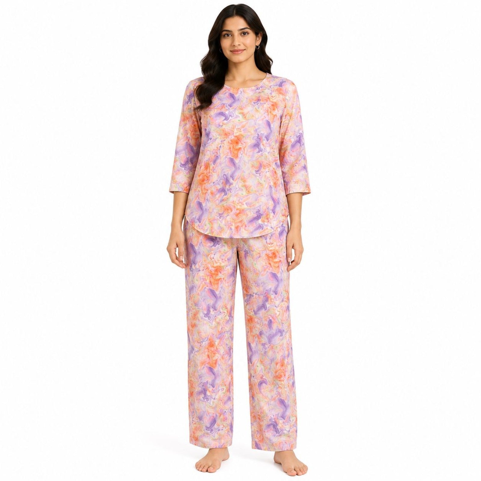 Women's Orange Abstract Marble Print Round Neck Top and Straight Pyjama Co-Ord Set | Relaxed Lounge Set-1
