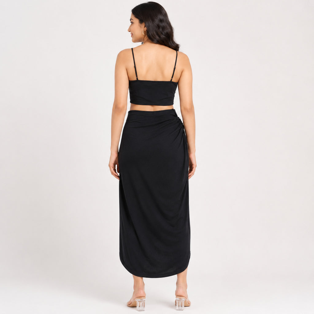Women's Black Ruched Wrap Midi Skirt Co-Ord Set-4