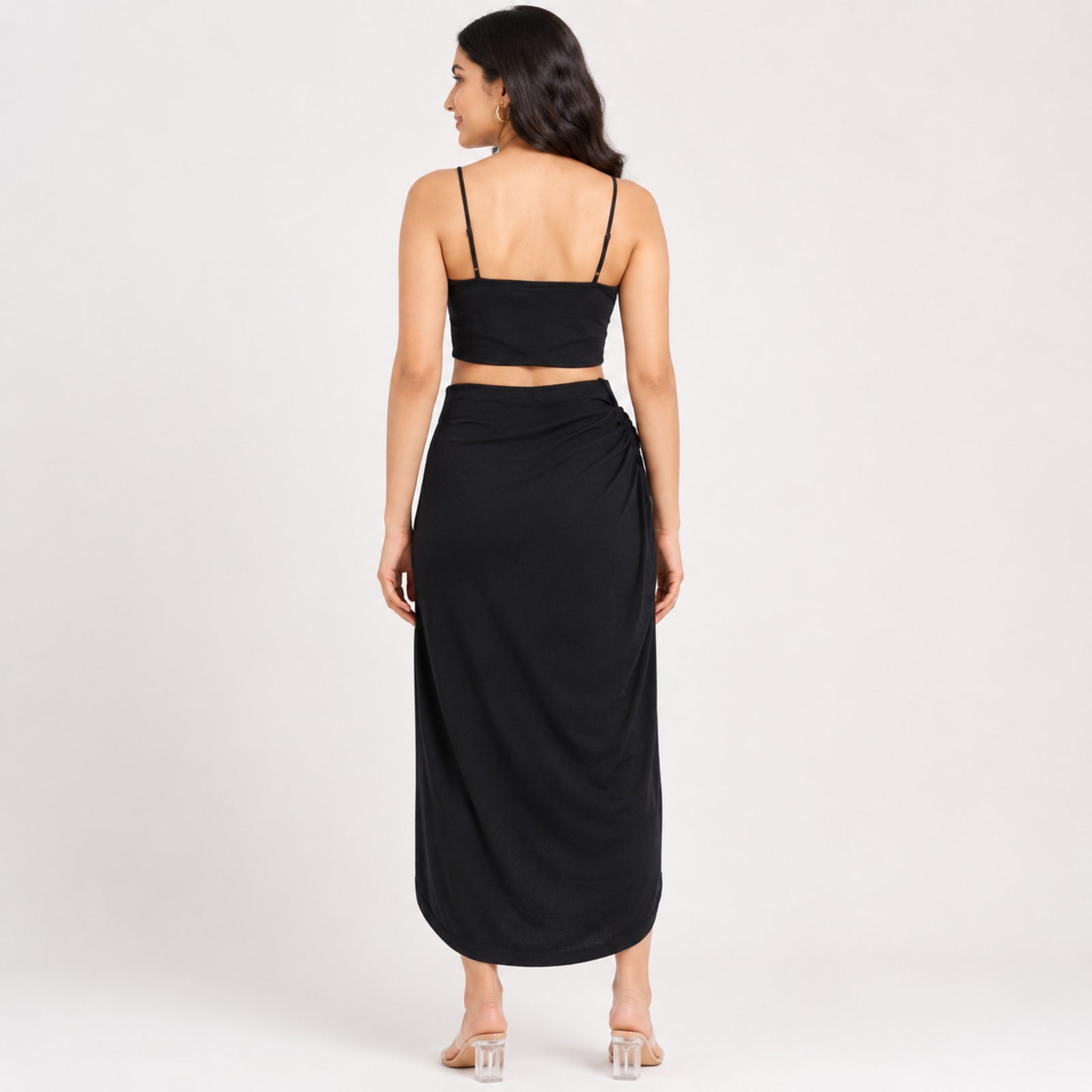 Women's Black Ruched Wrap Midi Skirt Co-Ord Set-4