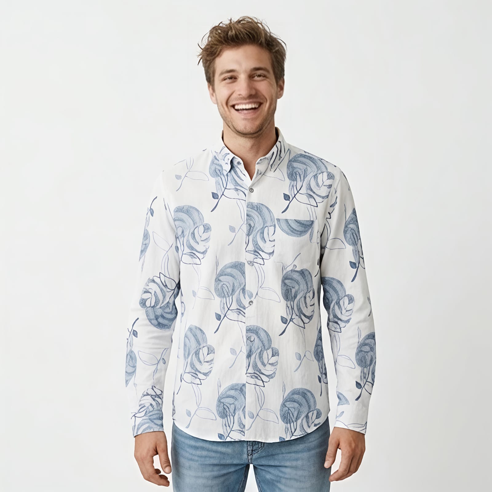 Men's White & Blue Abstract Floral Printed Casual Shirt-3