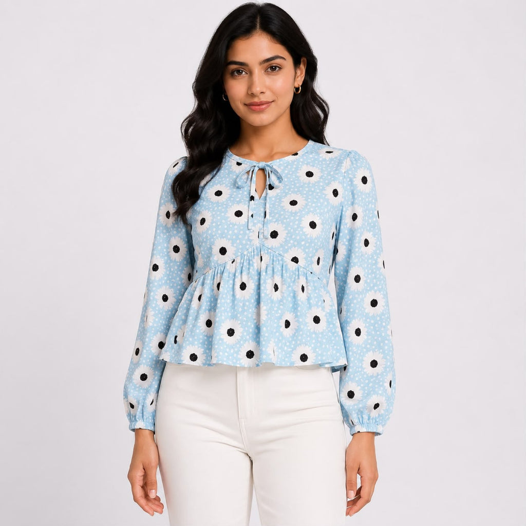 Women's Sky Blue Floral Print Peplum Top-1