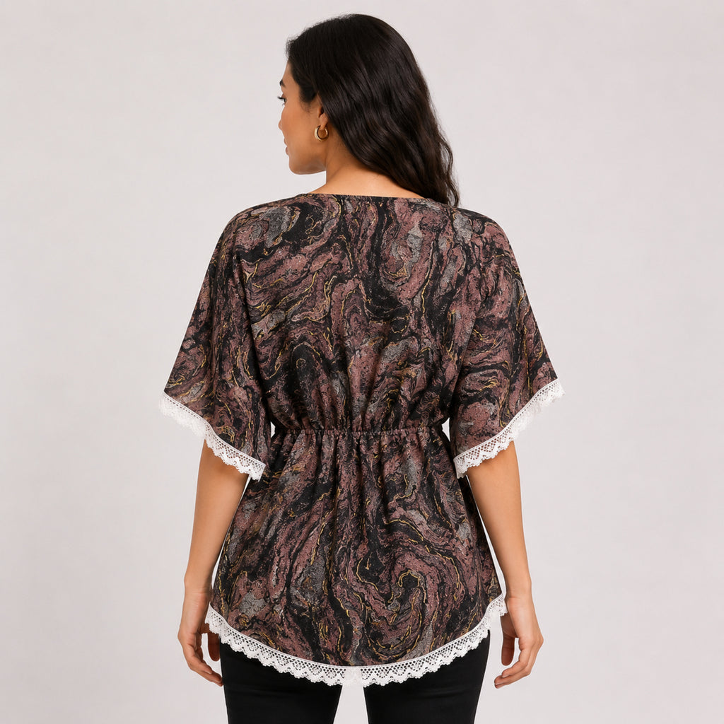 Women's Artistic Marble Print Kaftan Top with Lace Trim-4