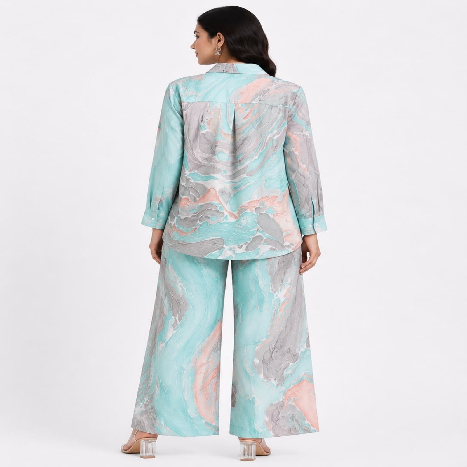 Women's Marble Print Co-Ord Set | Stylish Shirt & Wide Leg Pant Co-Ord Set for Women – Green-4