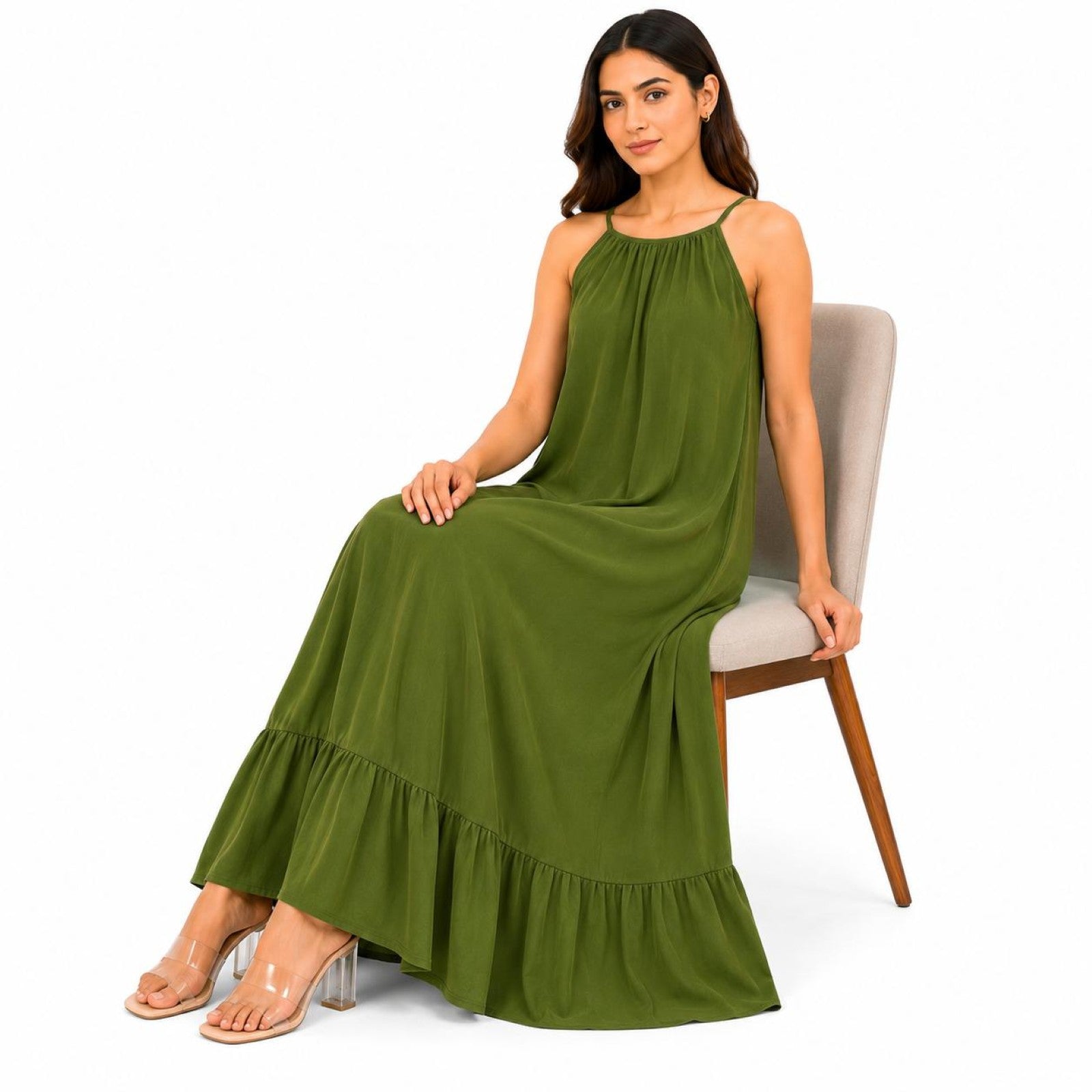 Women's Olive Green Sleeveless Flowy Maxi Dress-4