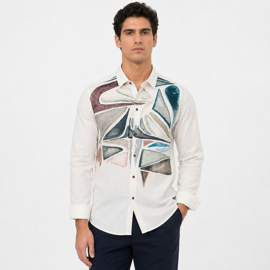 Men's White Abstract Printed Casual Shirt-1