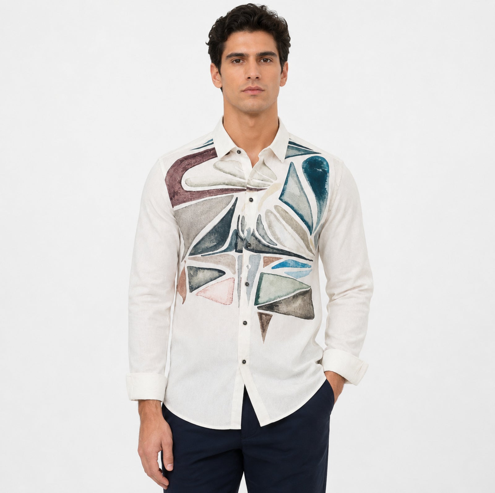 Men's White Abstract Printed Casual Shirt-1